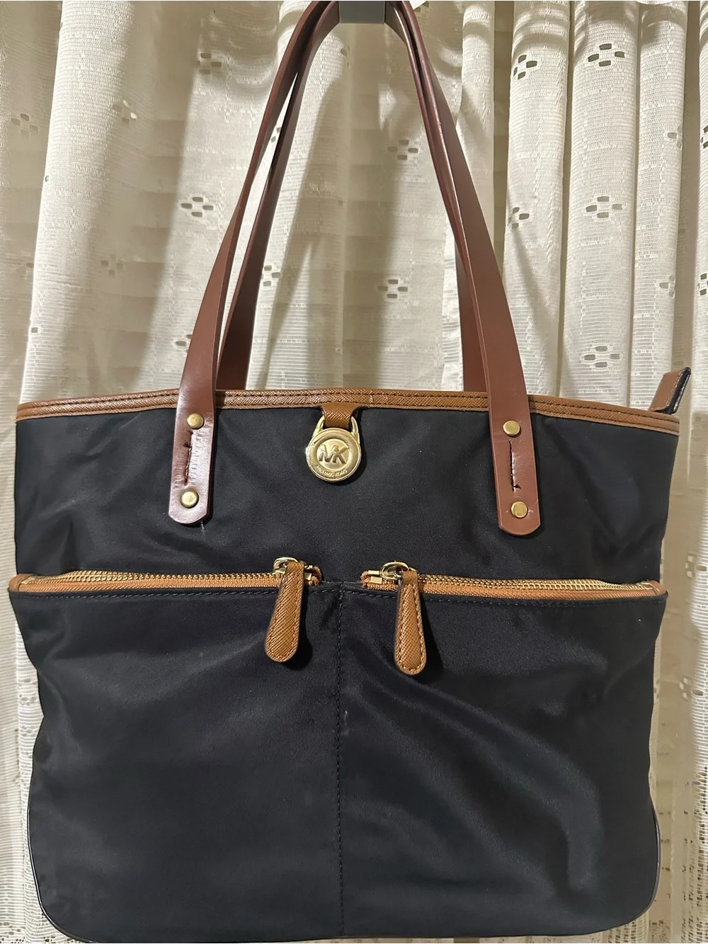 Michael Kors Black Nylon Tote with Brown Leather Trim and Gold Hardware